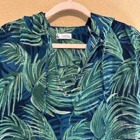 Carve Designs Gauzy Hooded Tunic Top Womens Large Blue Green Leaf Print Cover Up - Picture 4 of 6
